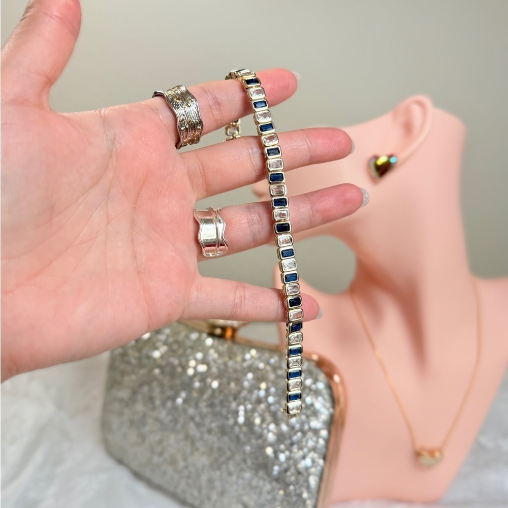 Classic 18Kt Gold Plated Bracelet With Blue and Clear Cubic Zirconia - Picture 7 of 12